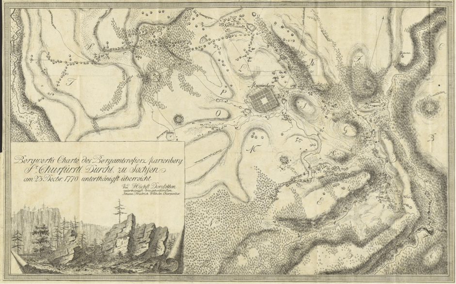 Map showing ore veins and mining structures around Marienberg by Johann Friedrich Wilhelm Charpentier (1770).