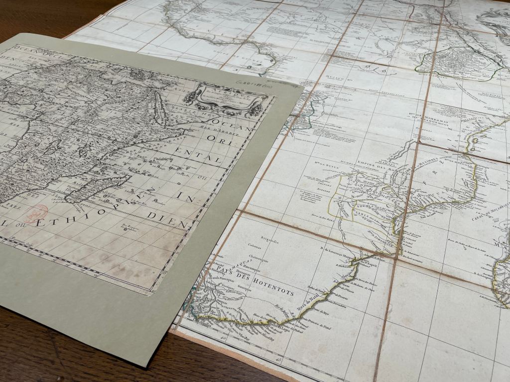 Two maps of Africa, both produced in Paris by royal geographers: Nicolas Sanson’s Afrique, from 1650, and Jean-Baptiste d’Anville’s Afrique, from 1749.