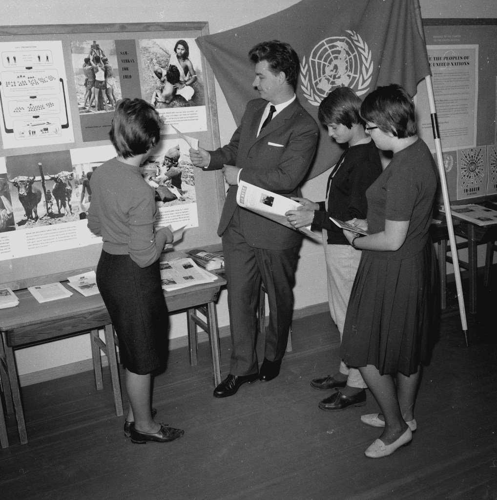 UN Day celebration in Huskvarna, Sweden, in the 1960s, highlighting global issues.