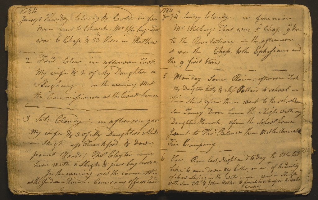 January 6, 1784 entry from Streets Commissioner Jacob Hiltzheimer’s diary, in which he recorded taking a sleigh ride with his son to inspect Philadelphia's watercourses in the snow.