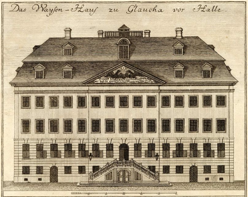 1749 engraving by Gottfried August Gründler of the Halle Orphanage where Peter Kretzschmer worked as a caterer in the early 18th century.